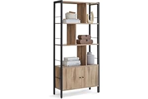 ‎VASAGLE VASAGLE Regał na książki, regał do przechowywania, duży regał na książki z drzwiami, 4 półki, konstrukcja stalowa, styl industrialny, do salonu, biura, kolor dąb tostowy i czarny LBC022B50