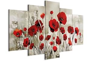 B&D XXL - Quadro Fiori Papaveri 150x75 cm 5 Pezzi Stampa su tela in TNT XXL Immagini Moderni Murale Fotografia Grafica Decorazione da parete Quadri Componibili Fiore Papavero Rosso Grigio b-A-0001-b-o