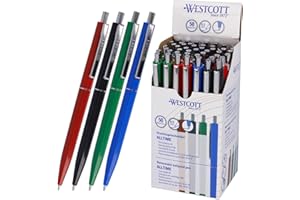 ‎WESTCOTT Westcott Kugelschreiber ALLTIME Mix 50 Stück | Vorteilspack Druckkugelschreiber mit blauer Tinte | Strichstärke M mit X20 Standardmine | Dokumentenecht ISO 12757-2 | Stabiler Metallclip | E-737487 00
