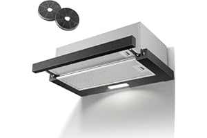 KICHPOWER Cooker Hood 60 cm Base, 620 m³/h Maximum Airflow, Extractor/Recirculation Extractor Hood, Telescopic 3-Layer Aluminium Filter, Stainless Steel Surface, with 2 Activated Carbon Filters, Black