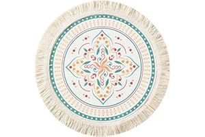 EXQUILEG Zestaw 4 okrągłych tkanych podkładek stołowych z frędzlami, nadają się do prania, bawełniane podkładki w stylu boho, odporne na wysokie temperatury i antypoślizgowe, idealne do kuchni, na