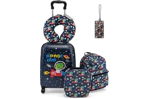 SOARS Set di 5 Pezzi Valigia 16’’ + Zaino 13’’ per Bambini, Bagagli 5-in-1 con Cuscino per Collo, Borsetta da Pranzo e Etichetta, Trolley con Maniglia Telescopica e Ruote Universali (Nero Dino-Space)