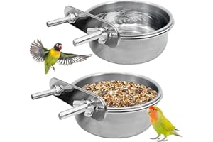 Kathson Stainless Steel Bird Bowl Parrot Food Water Bowls with Clamp Holder Bird Feeder Dish Cups Crate Bowls for Cockatiel Pigeons Conure Budgies African Greys 2 Pcs