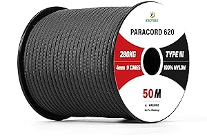 Brotree Paracorde 4mm 9 Brins Corde en 100% Nylon (15m, 30m, 50m) Type III Corde Parachute pour Survie, Extérieur, Bricolage - 280kg Charge de Rupture (Noir, 50m)