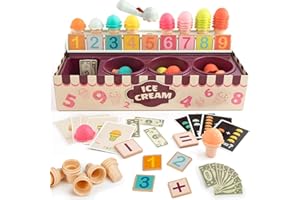TOP BRIGHT Heladería de Juguete – Juego Educativo de Matemáticas y Lógica para Niños y Niñas de 3 a 7 años – Juego de Imitación de Helados Comida – Incluye Conos, Sabores, Menús y Accesorios