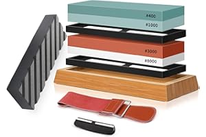 ALPXUXP Pietra per Affilare 400/1000 3000/8000 Grana,Pietra Affilacoltelli Professionale con Base Antiscivolo in Bambù,Pietra per Appiattir,Guida Angolare,Strisce in pelle