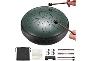 LEKATO Steel Tongue Drum, 6 Inch 11 Notes in C Key, Stainless Alloy Balmy Ethereal Drum with Song Book, Carry Bag, Drum Mallets, Mini Handpan Percussion for Meditation, Mind Healing, Gift(Green)