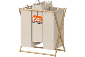 Lifewit Panier a Linge 3 Compartiments 150L, Grand bac a linge avec 3 Sacs Amovible et Poignée, corbeille a linge pliable pour Buanderie, Chambre, Salle de Bain, Beige