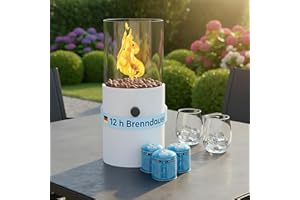 TOM Innovation XXL Gas Tischkamin - 12 Stunden Brenndauer für Indoor & Outdoor – Tisch Kamin Set– Tischfeuer mit Deko-Steinen – Plus 3X 190 g Stechgaskartusche