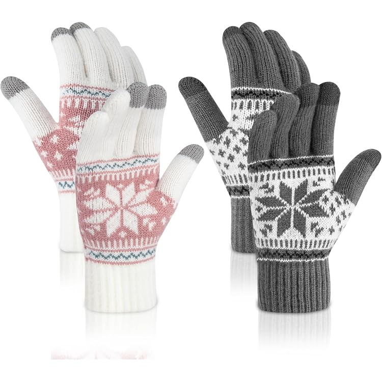 2 Paires De Gants Tactiles D'hiver Pour Femme – Rose Et Gris, Motif Renne De Noël, Chauds Et Connectés