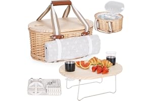 ZETTFULY Picknickkorb-Set für 2 Personen – Isolierter Weidenkorb mit wasserdichter Decke, klappbarem Picknicktisch für Wein & Bestecksets, Picknickkörbe-Set für Camping, Outdoor, Valentinstag (Weiße Blume)