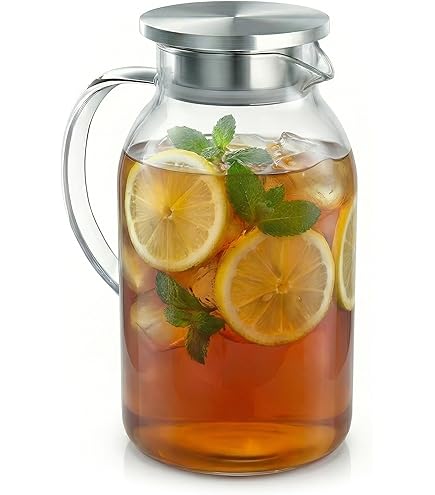 Inscrip Drankdispenser van glas, glazen drankdispenser met lekvrije tapkraan, drankdispenser, vat met houten standaard, ketelhouder voor koude dranken, koelkast, ijsthee, limonade, bar, feest (3