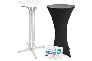 ‎BEAUTISSU Beautissu Weißer Stehtisch klappbar 60 cm mit Stretch Stehtischhusse Schwarz – Outdoor Bistrotisch Kratzfest, UV- & wetterbeständig – Husse rutschfest, waschbar & bügelfrei – Bellini & Stella