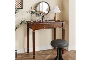 PADMA HOUSE Sminkbord i Massivt Trä med Spegel & Förvaring, Vintage Vanity Table 80cm med 2 Lådor, Retro Makeup Desk för Sovr