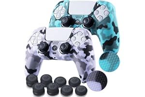 YoRHa Grip Texture Silicone Skin for PS5 Dualsense Controller x 2(Print Purple+Green) with Pro Thumb Grips x 8