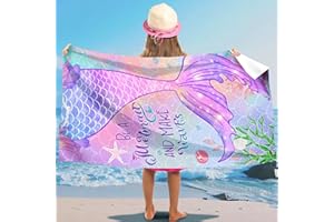 AUNGKWANG Meerjungfrau Strandtuch für Kinder, 75x150 cm Strandhandtuch für Mädchen, Mikrofaser Strandtuch, Ultra Saugfähig, Schnell Trocknend Badetuch, für Strand Reise Schwimmen (Lila)