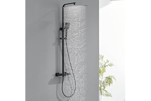 Auralum Colonne de Douche Thermostatique avec Douche de Tête 30x30cm, Colonne de Douche Noir Réglable Hauteur entre 80-124cm