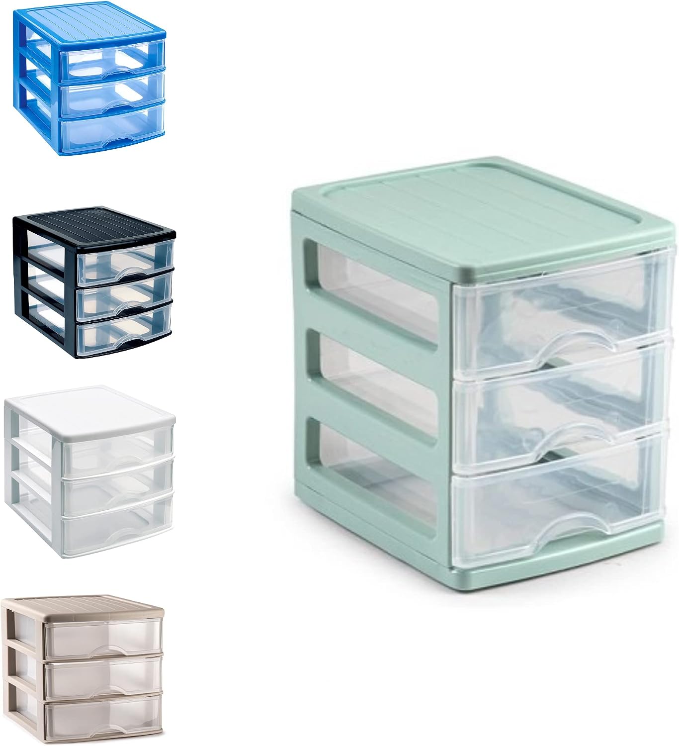 Plastic Desktop Storage Unit with Drawers, Stationary Arts Drawer Desktop Tabletop Organiser Storage Tower Unit for Office Bedroom Garage ((17 x 13.5 x 17cm, Mint Green with 3 Clear Drawers))