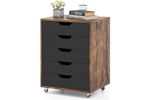COSTWAY Kontener na kółkach z 5 szufladami, mobilna szafka na dokumenty z kółkami, kontener biurowy, szafka z szufladami, szafka na kółkach, komoda z szufladami do domu, biura (brązowy)