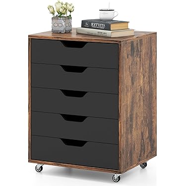 archiefkast met 2 lades met slot en wielen, industriële stijl, houten