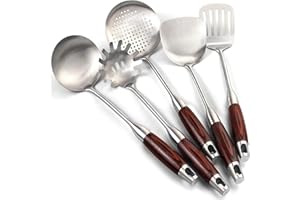 YFWOOD Stainless Steel Kitchen Utensil Set, 5-Piece Cooking Utensils, Spatula, Soup Ladle, Slotted Spoon, Pasta Server & Slotted Spoon, Dishwasher Safe