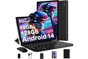 DMOAO Tablet 10 Zoll Android 14 mit 5G WLAN 6, 18 GB RAM + 128 GB ROM(TF 1TB), Widevine L1, Octa-Core, BT 5.0, Face ID, FHD 1280 * 800 IPS, 6000 mAh, 2 in 1 Tablet mit Tastatur + Maus, Schwarz