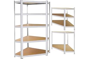 SPRINGOS Scaffale Angolare in Metallo 124x180x90 cm, 5 Ripiani MDF resistenti, Scaffale Pesante, Per Garage, Cantina, Magazzino, Solido, Facile da Montare