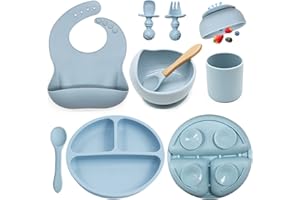 ILEYLUY Baby Feeding Set, 8 Pack Baby Led Weaning Supplies, Suction Bowl Divided Plate, Toddler Self Feeding Dish Set with Spoons Forks Sippy Cup Adjustable Bib, Eating Utensils for 6+ Months (Blue)