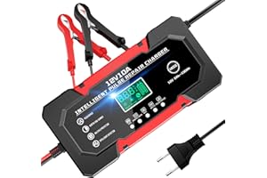 LACITENY Cargador Baterias Coche 12V 10A Cargador de baterias Coche y Moto Inteligente con Reparación y Pantalla LCD y Múltiples Protecciones Cargadors de batería para Moto, Camión, AGM, SLA, Gel