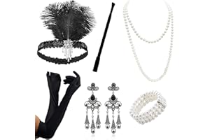 ZOCONE 8 Pezzi a Set Accessori Anni 20 Donna, Fascia di Piume Guanti Lunghi Collana con Perle Accessori Gatsby Costume Set Charleston Accessori per Halloween Natale Anni 20 Festa Accessori Ballo