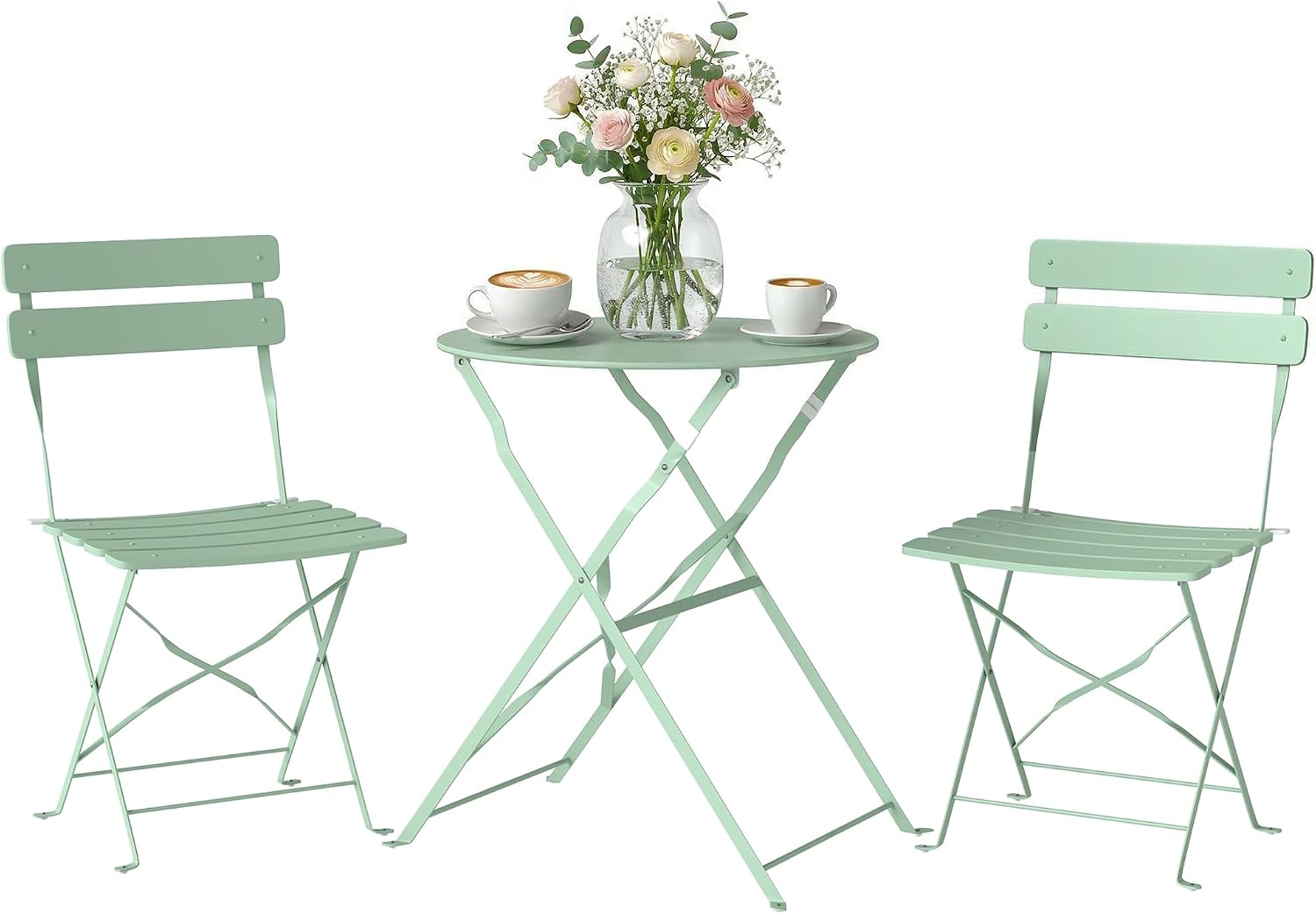 Outsunny Conjunto de Mesa y Sillas de Terraza Exterior Plegable 3 Piezas, Muebles de Jardín Exterior con 2 Sillas Plegables, Mesa Redonda, Estructura Metálica Electrofórica para Patio, Balcón, Verde