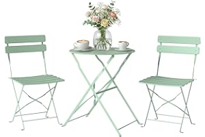 Outsunny 3 Piece Folding Bistro Set, Round Bistro Table and Chairs Set 2 with Electrophoresis Metal Frame, Small Outdoor Garden Furniture Conversation Sets for Patio, Balcony, Porch, Light Green