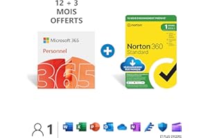 Microsoft 365 Personnel - Téléchargement - PC ou Mac - 1 personne - 15 Mois + NORTON 360 Standard - 15 Mois - PC/Mac - Code d'activation - envoi par email