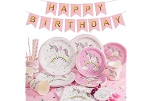 Yidaxing 146 Pezzi Stoviglie Getta Unicorno Arcobaleno, Unicorno Arcobaleno USA e Party Kit inclu Bicchieri di Carta Cannucce Tovaglioli Tovaglia Banner per Bambini Ragazze di Compleanno (24 Ospit)