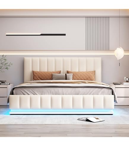 Lit Coffre 160x200 Avec éclairage LED Et Rangements - Tête De Lit Avec Prises USB/Type-C - Sommier Hydraulique - Tissu Lin Gris - 8