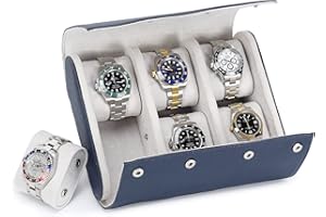 Hiram Watch Storage Case 6 Watches Travel Roll Case Genuine Saffiano Leather Travel Watch Organizer Storage Box (Blue)