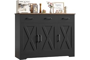 HOCSOK Credenza, Mobile Cucina con 3 Cassetti e 3 Armadi，Buffet Mobile Moderno, Credenza Soggiorno, Mobile per Cucina Ingresso Foyer, Sala da Pranzo, Nero +Marrone