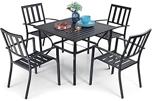 PHIVILLA 5 Piece Outdoor Patio Dining Set, 94cm Square Metal Slatted Table with 4cm Umbrella Hole & 4 Metal Chairs for Deck, Yard