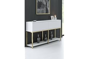 Dmora Credenza Altair, Buffet da Soggiorno, Madia da Salotto, Dispensa da Cucina, 150x30h80 cm, Bianco e Oro