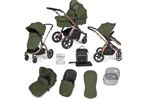 Ickle Bubba Stomp Luxe 2-in-1 All-Terrain Pram - Suitable from Birth to Approx. 4 Years, Includes Rain Cover, Footmuff, Apron & Sunshade, Foldable with Puncture-Proof Wheels (Bronze/Woodland/Black)