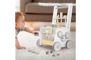 Joyz Chariot de Marche en Bois Gris, Trotteur pour Enfants à partir de 1 an, Jouet Montessori, Banc d'Outils, Banc de Travail pour Bébé/Garçon/Fille, Pneus en Caoutchouc, Chariot de Jeu, Baby Walker