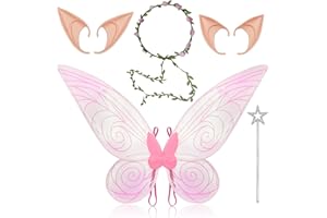 Fettwal Feenflügel Erwachsene Kinder Damen, Feen Kostüm Damen Kinder, Feen Flügel Elfen Kostüm, mit 2 Paar Elfenohren, Elfengirlande, Feenflügel Kostüme, für Halloween Karneval Ostern (Hellrosa)
