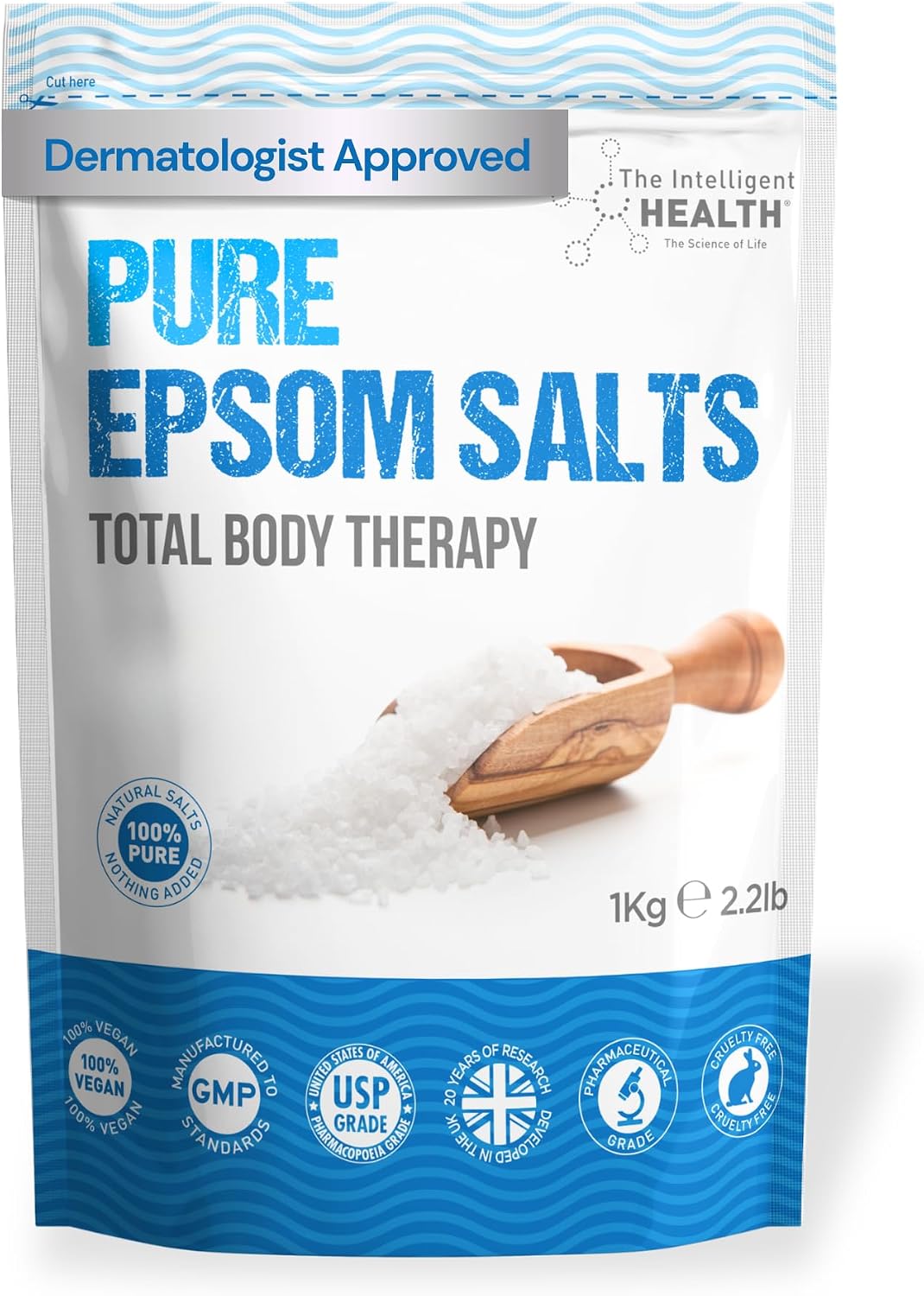 The Intelligent Health Magnesium Sulphate Bath Salts Soak, Muscle Magnesium Epsom Salts for Bathing and Foot Soaking for Women & Men - 1kg Resealable Pouch