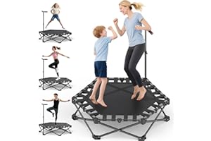 RYGEO Rebounder Trampoline for Kids/Adults, Foldable Rebounder Trampoline, 200LBS Capacity, with 3-Level Adjustable Handle, Indoor Fitness Workout Exercise Equipment