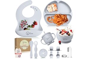 O'doe 11-teilig Baby LED-Entwöhnungszubehör für Kleinkinder, Babyfütterungsset | Saugnapf-Silikon-Babyschale, selbstverzehrende Utensilien mit Löffeln, Tassen, Lätzchen, Essteller-Set mit |Grau, V1