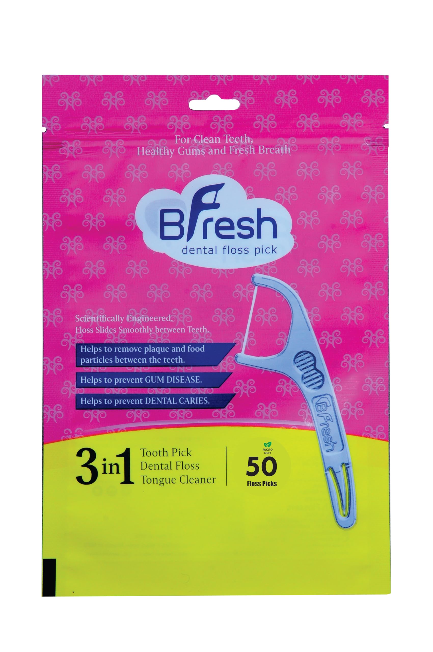 BFresh Flossers 3 in 1 Dental Floss Picks 50 Pcs Mint flavored flosser with tongue cleaner and toothpick for fresh breath and