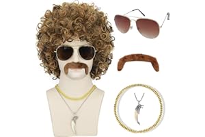 JUZIVIEE 6pcs Set Vokuhila Perücke Herren 70er 80er Jahre Outfit Herren Disco Kostüm mit Zubehör Afro Perücke für 70er Jahre Bekleidung Herren Fasching Karneval Halloween (Blond/Braun) VD103M