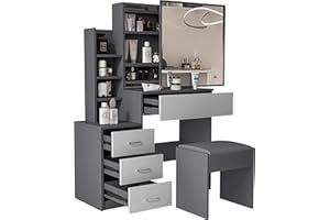 Blisswood Dressing Table with Mirror and Stool, Vanity Desk with 4 Drawer 3 open Storage Shelves and 3 Hidden Shelves, Modern Makeup Table for Bedroom & Living Room (Dark Grey/Grey)