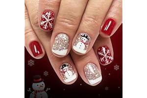 MAGGIDEA 24PCS Christmas False Nails Short - Square Press on Nails with Snowman and Snowflake Designs - Xmas Glitter Sequins Fake Nails with Glue - Acrylic Full Cover Stick on Nails for Women & Girls