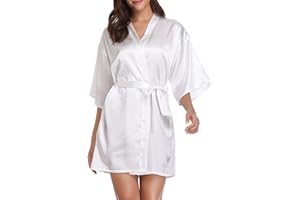 Vlazom Kimono szlafrok damski, krótki satynowy szlafrok kąpielowy z paskiem, dekolt w serek, kimono